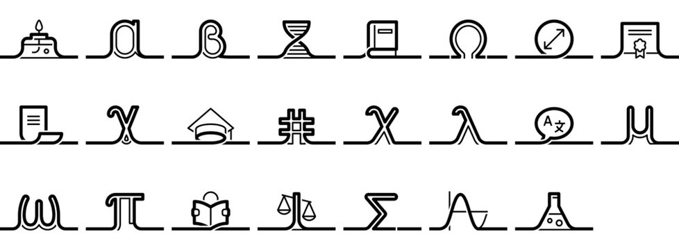 Science & Education Icon Set including science, greek letter, alphabet, mathematics, maths, education, symbol, physics, graduation, academic, scale, graduate, university, omega. Set of vector icons.
