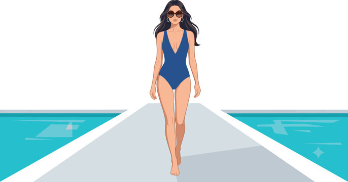 Swimsuit woman vector illustration walking poolside fashion model summer lifestyle scene