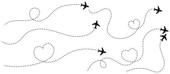 Airplane with dotted line route. Hand drawn flying plane symbol with twisted, straight and heart shaped dashed trace path, curve dotted line vector set. Dotted travel path symbol. © VectorVista Studio
