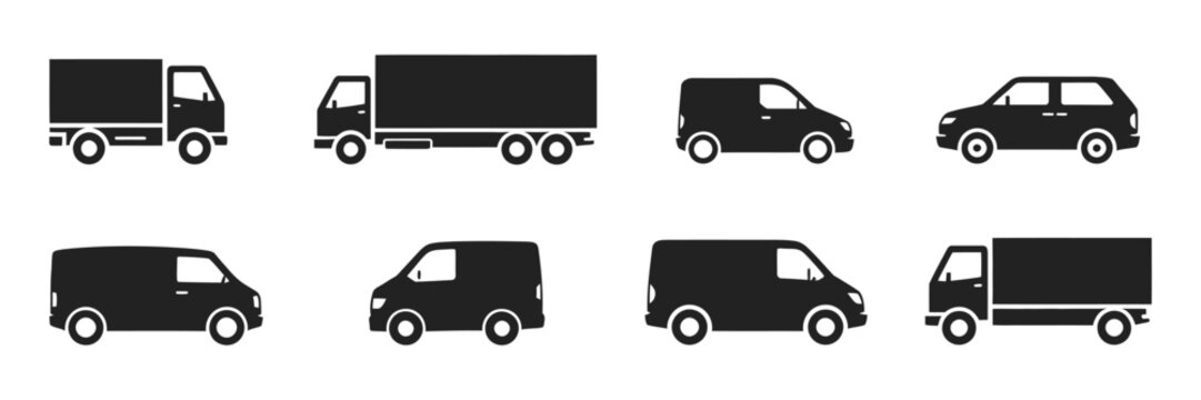 Delivery truck silhouette icon set, cargo trucks and vans arranged in a grid pattern, editable vector illustration for transportation, logistics, shipping and freight services.