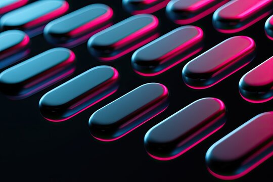 Rows of glossy, rounded, oblong shapes with neon pink and blue light
