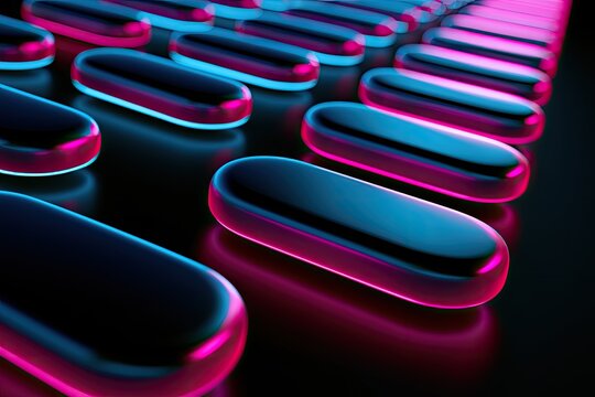 Rows of glossy, oblong shapes illuminated by vibrant pink and blue neon light