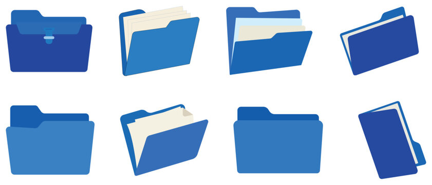 Set of professional blue office folders set containing paper documents. Office folder collection for business organization archive storage and corporate data management