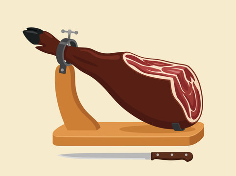 Flat Illustration of Spanish Jamon Iberico Ham Leg on Stand with Knife
