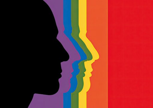 Silhouettes of heads in rainbow colors, facing right