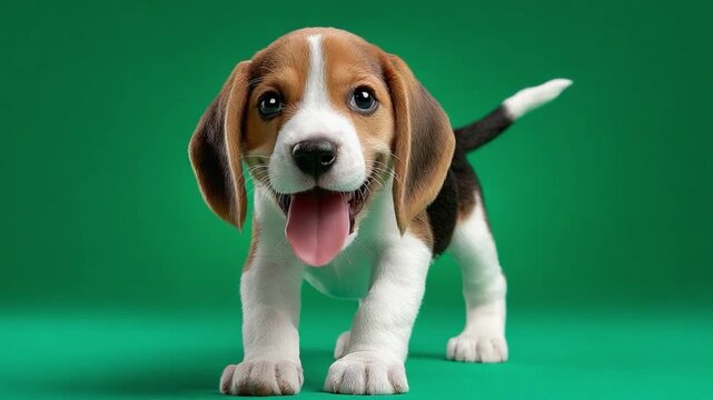 Happy Beagle Puppy Portrait: A cheerful and adorable beagle puppy with soulful eyes and a wagging tail, standing on a vibrant green background, looking directly at the camera with a joyful expression.