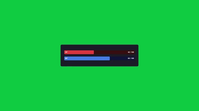 2D motion graphics animation of gaming user interface showing health and mana progress bars.