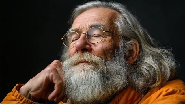 Wise Elder with a Gentle Smile: A distinguished elder with a flowing white beard and kind eyes wears glasses, his head tilted slightly as he contemplates.