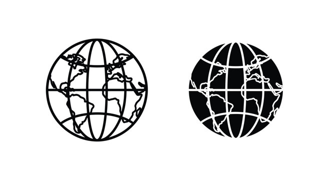 Two world globe silhouettes displaying continental landmasses and gridlines a black and white illustration silhouette geography earth