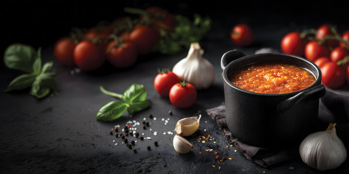 Creative food template. Homemade tomato puree with pepper basil garlic fruit around dark concrete background. copy text space. long banner.