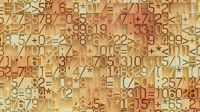 Dense Array of Numbers and Mathematical Symbols in Pixelated Texture, Close-Up View with Overlapping Elements on a Gradient Yellow and Orange Background, Ideal for Technology and Digital Design