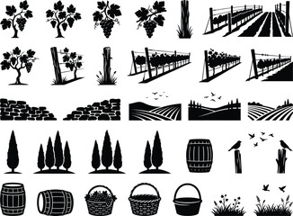 Obraz premium Collection of vineyard elements including grapevines stone walls and cypress trees silhouette