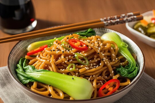 Asian Noodle Bowl With Vegetables And Chili