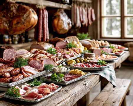 Rustic Smoked Meat and Sausage Still Life &ndash; AI Generative