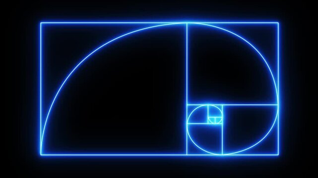 Glowing Fibonacci Spiral Golden Ratio Animation on black background,Abstract Neon Mathematical Sequence Concept,Digital Concept of Science and Mathematics Proportions
