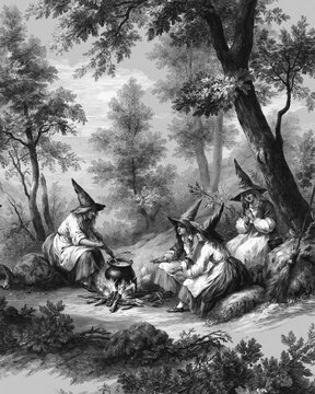 Vintage Witch Gathering in Forest Cooking Over Fire &ndash; AI Generative