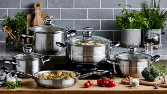 Modern Stainless Steel Cookware Set on Kitchen Counter with Fresh Vegetables and Herbs Ready for Cooking