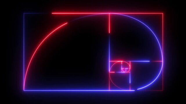 golden ratio spiral neon geometric animation on black background futuristic glowing fibonacci grid abstract motion graphics 4k