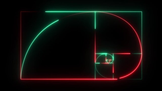 golden ratio spiral neon geometric animation on black background futuristic glowing fibonacci grid abstract motion graphics 4k