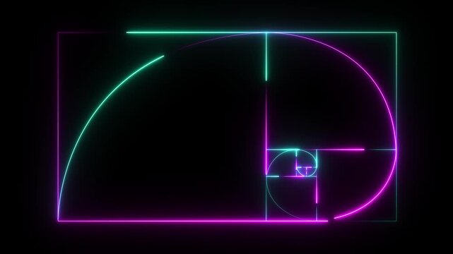 golden ratio spiral neon geometric animation on black background futuristic glowing fibonacci grid abstract motion graphics 4k