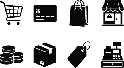E-commerce and retail shopping business icon set featuring black silhouettes of shopping cart credit card box tag and storefront isolated on white background. © bijoy