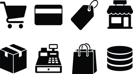 E-commerce and retail shopping icon set featuring black silhouettes of shopping cart credit card box price tag and storefront isolated on white background. © bijoy