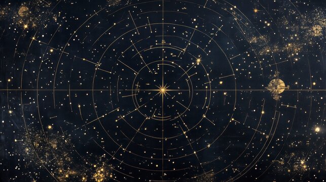 Celestial chart depicting constellations and stars in a dark night sky with golden lines.