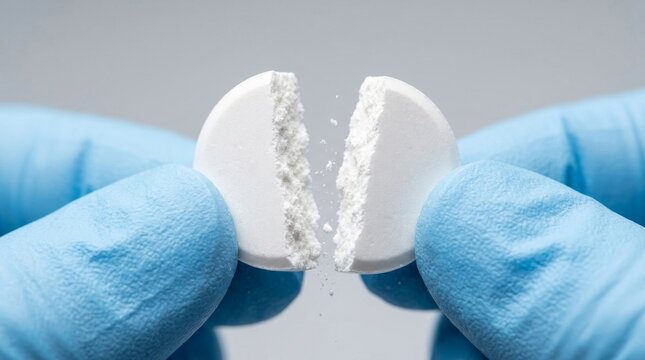Close-up of White Pill Broken by Medical Gloves