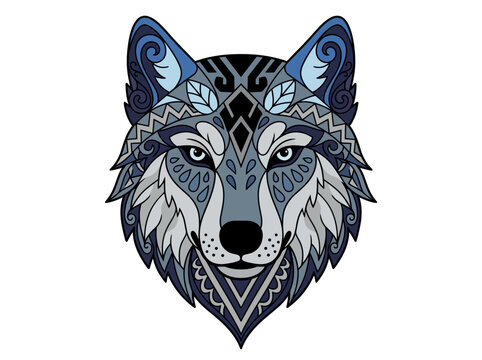 Stylized Wolf Head Vector Illustration with Blue Ornamental Tribal Mandala Patterns for T-Shirt Print and Tattoo Art