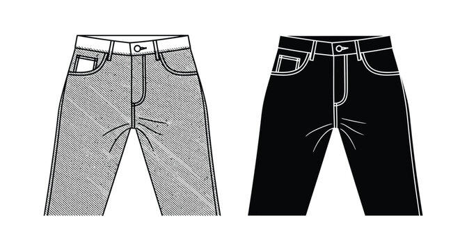 Two pairs of denim jeans presented in a contrasting black and white silhouette pants trousers waist legs
