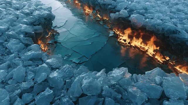 Antarctic Inferno: A stark and surreal scene where icy glaciers meet a fiery blaze, creating a dramatic contrast between cold and heat in a frozen landscape.