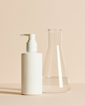 White pump serum bottle next to a clear glass laboratory flask filled with water on a soft beige background, showcasing minimalist product presentation
