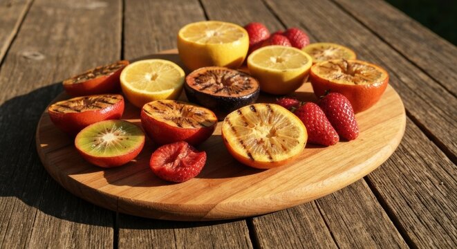 Grilled and fresh fruits artfully arranged on a wooden serving board in sunlight