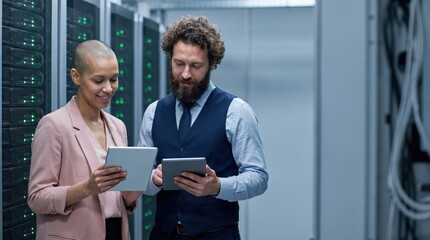 Fototapeta premium IT Professionals Working in Server Room with Digital Tablets.