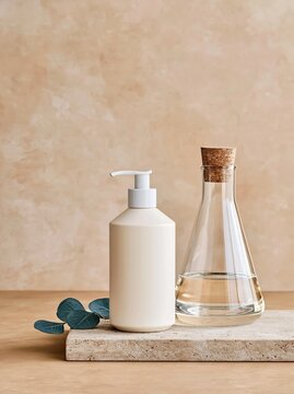 White pump serum bottle and glass carafe with cork stopper placed on a stone surface against a soft beige background, featuring a green eucalyptus leaf
