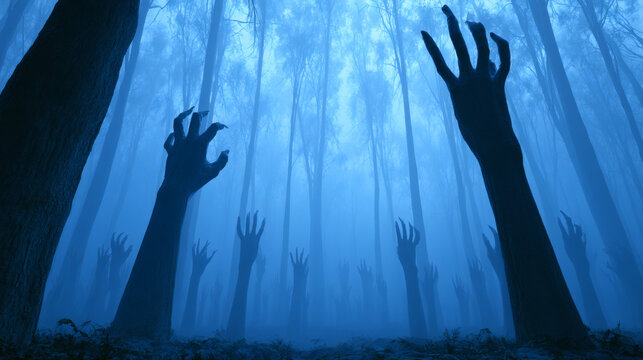 Giant hands reaching from forest ground. Eerie dark silhouettes emerging in blue fog.