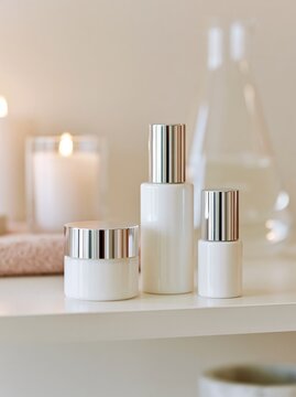 Three unlabelled white and chrome skincare containers arranged on a shelf with candles and glass bottles in a softly lit bathroom setting