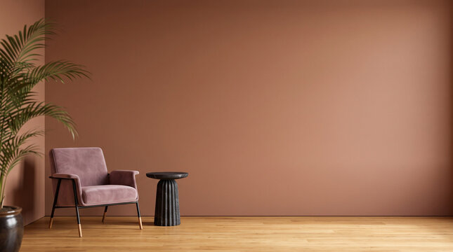 Modern Minimalist Living Room A plush velvet armchair and a sleek side table sit against a warm muted terracotta wall complemented by a potted palm and a polished wooden floor