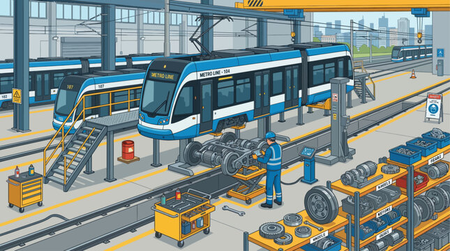 Isometric illustration of tram maintenance depot with technician repairing train wheels in modern workshop setting