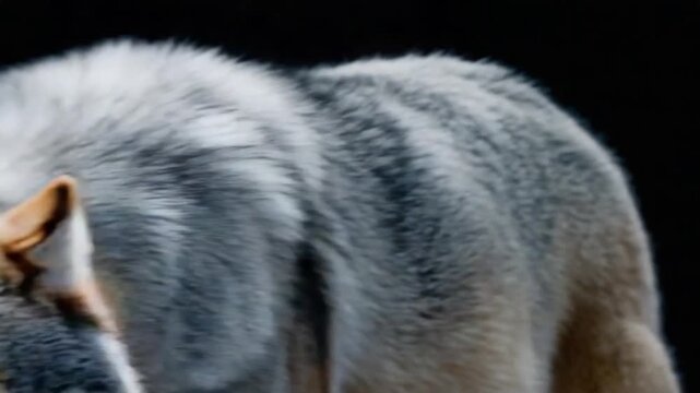 Wolf's Majestic Fur: A close-up profile of a majestic wolf's thick, grey and white fur coat, highlighting its texture and intricate patterns against a dark, muted background.