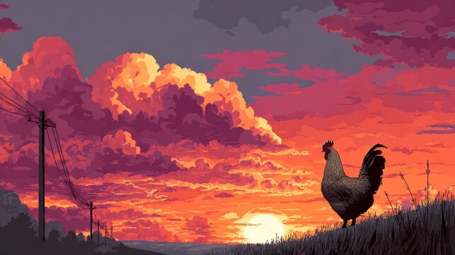 Free range chicken silhouette at golden sunset in rural countryside farm landscape with warm evening sky and peaceful agricultural nature scene