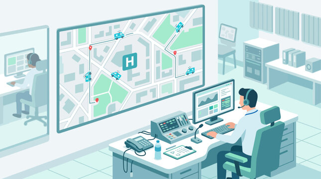 Isometric emergency dispatch center with operators monitoring ambulance fleet location on digital city map for healthcare logistics and medical response coordination
