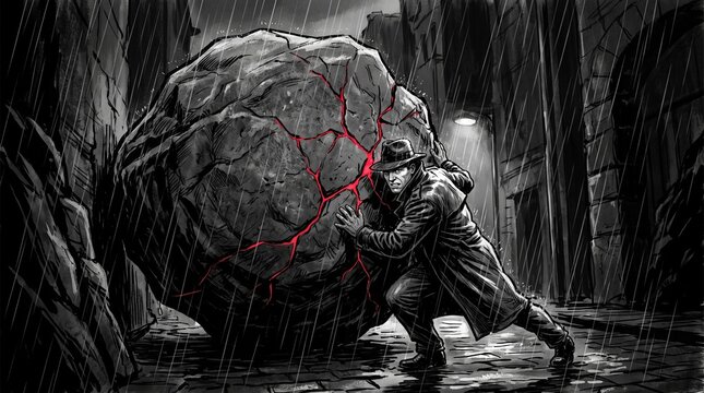 Determined person pushing giant boulder symbolizing persistence resilience and overcoming obstacles