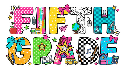 Fototapeta premium colorful fifth grade text with school icons and patterns