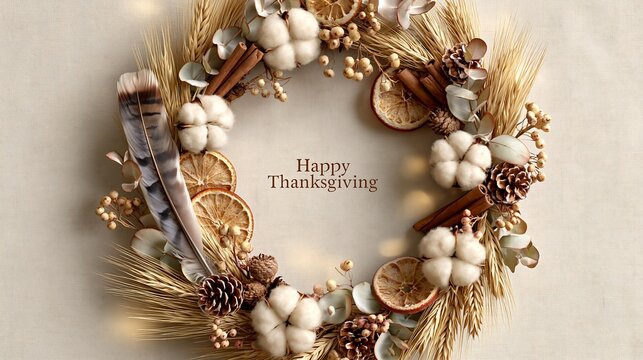Happy Thanksgiving Autumn Wreath with Cotton Flowers Wheat Dried Oranges Feather and Center Text