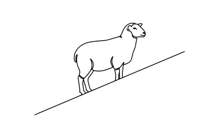 Simple line art drawing of a sheep standing on a diagonal line, white background © Siap