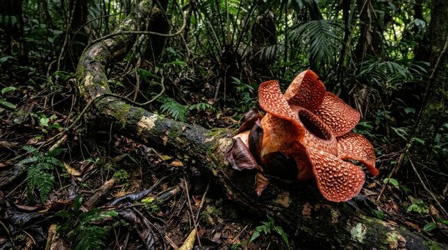 Rare giant rafflesia arnoldii corpse flower blooming on decaying organic logs inside deep tropical jungle forest floor