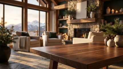 Fototapeta premium Wooden Table Surface in Cozy Mountain Cabin Living Room with Fireplace and Snowy Peak Window View for Product Display