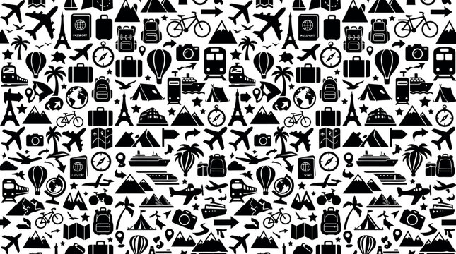 seamless pattern of travel icons airplanes passports suitcases and landmarks for vacation planning