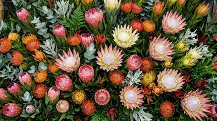 Fototapeta premium Colorful assortment of dried protea flowers in natural arrangement.